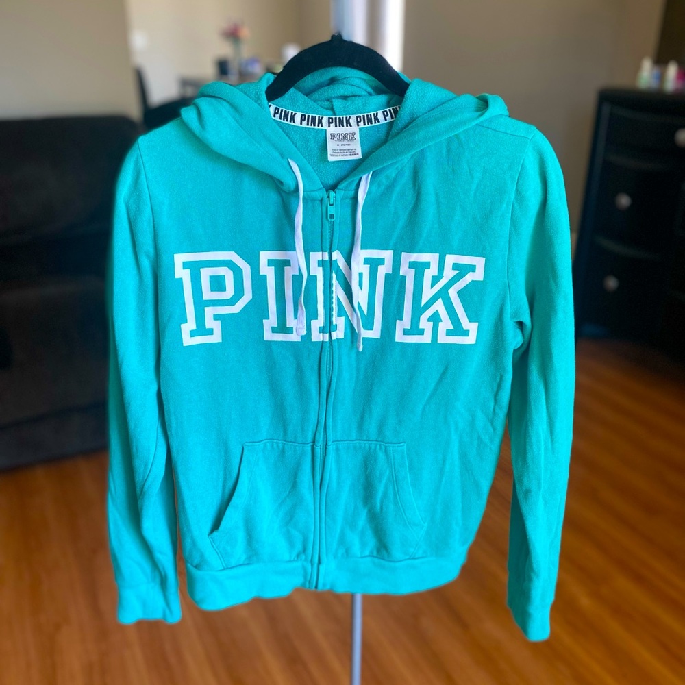 VS PINK teal zip up logo hooded jacket